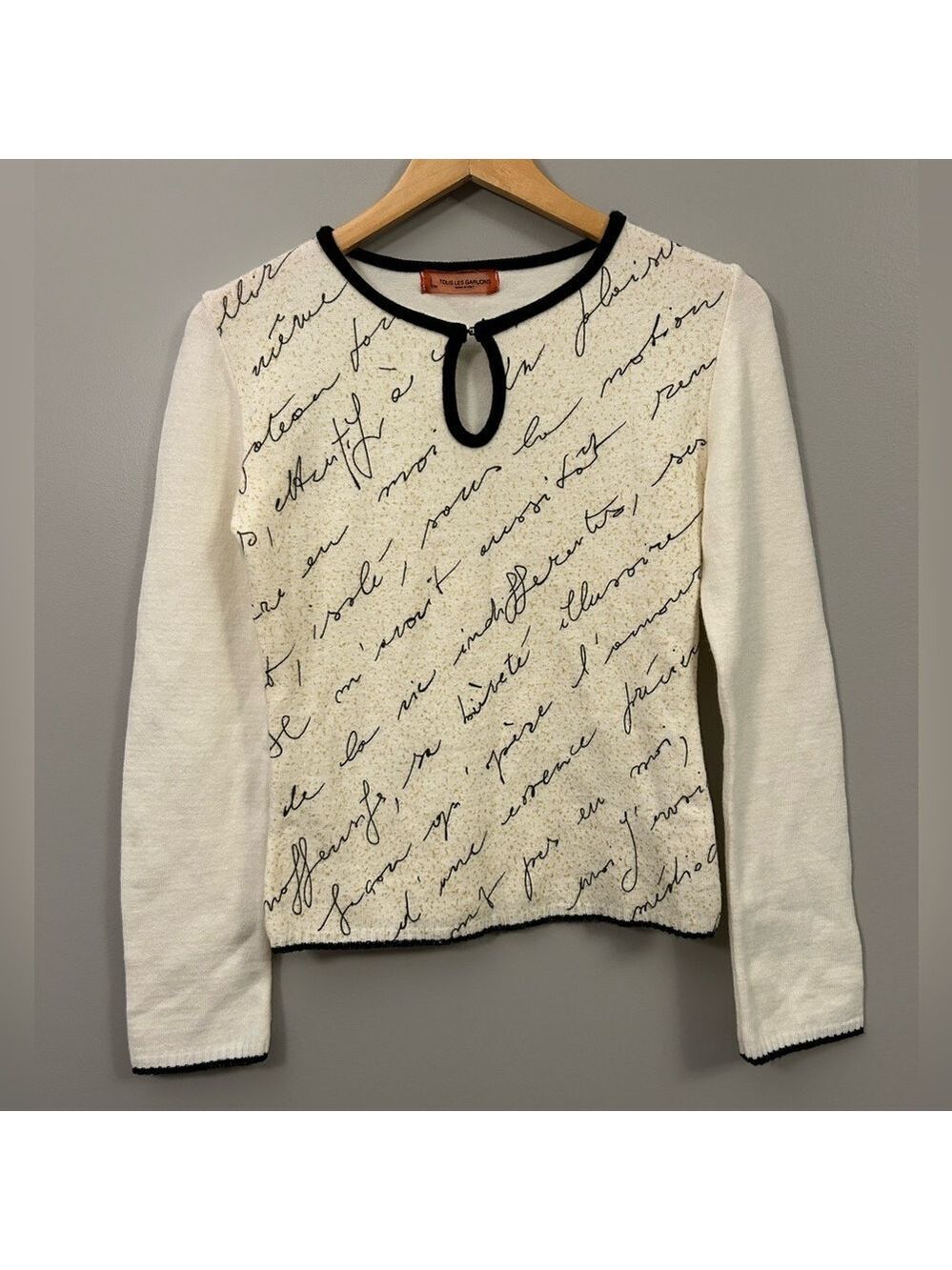 Tous Les Garçons Cream Script Print Long Sleeve Top French Paris Style Small